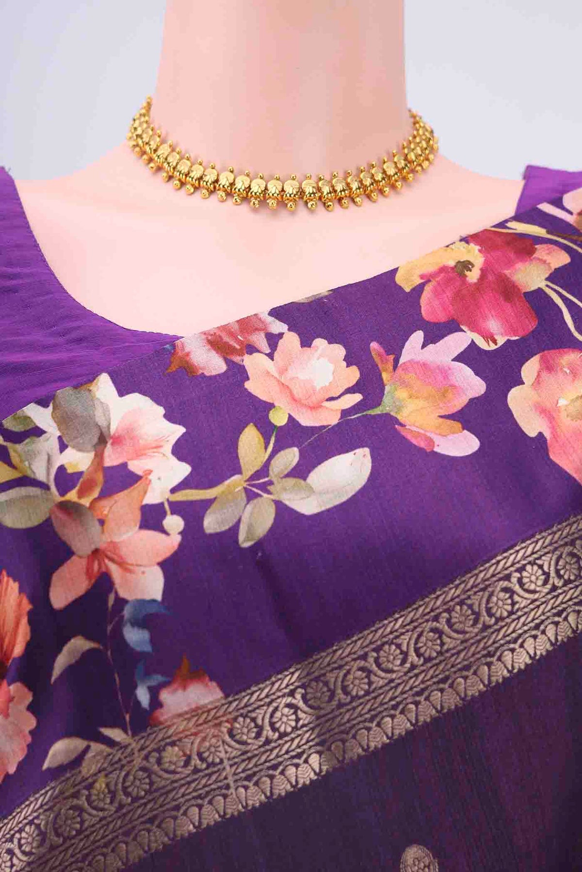 Border image of Purple Tussar Silk Saree with Zari Butta on the body and Printed Border
