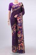 Purple Tussar Silk Saree with Zari Butta on the body and Printed Border displayed on a mannequin