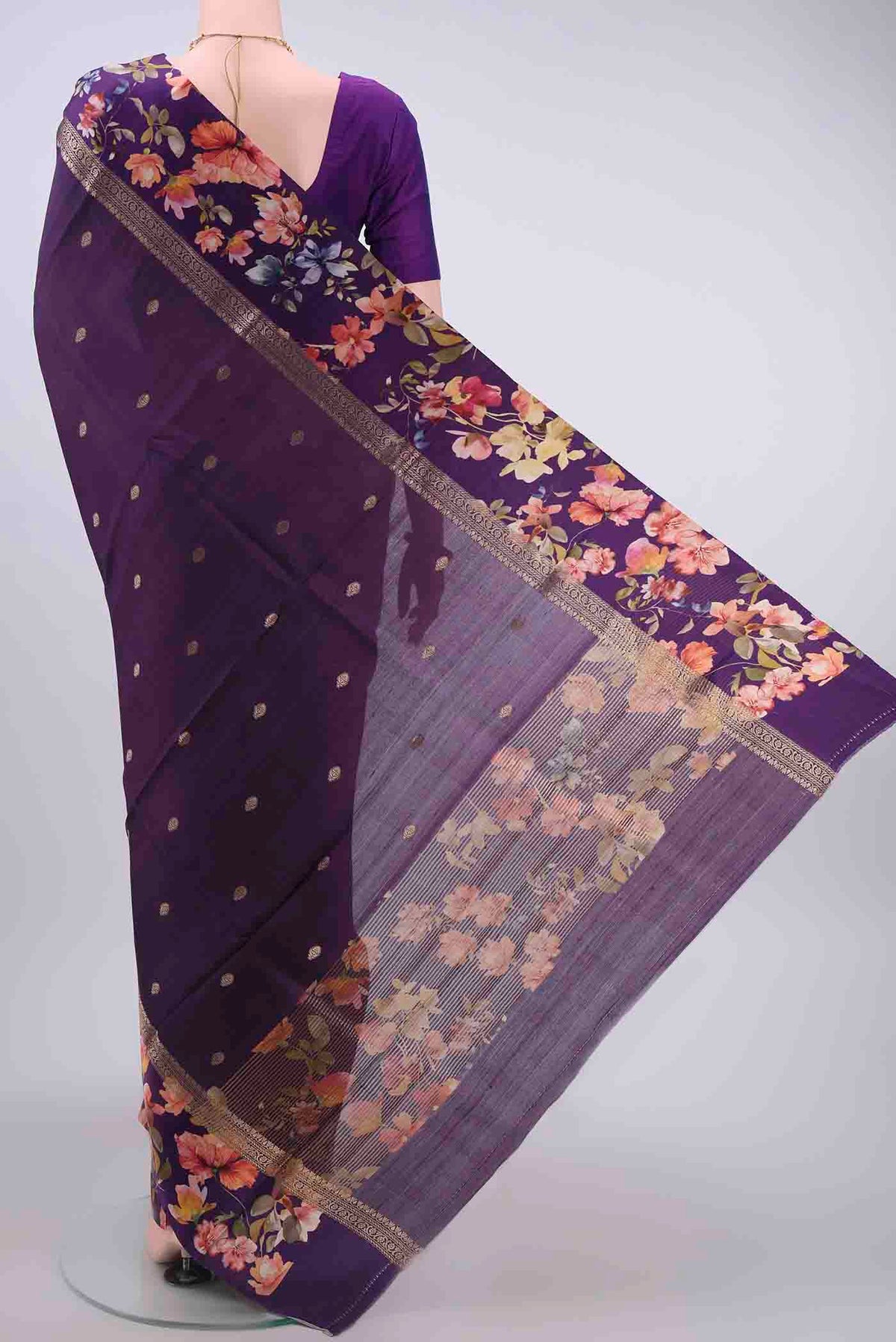 Flat view of Purple Tussar Silk Saree with Zari Butta on the body and Printed Border