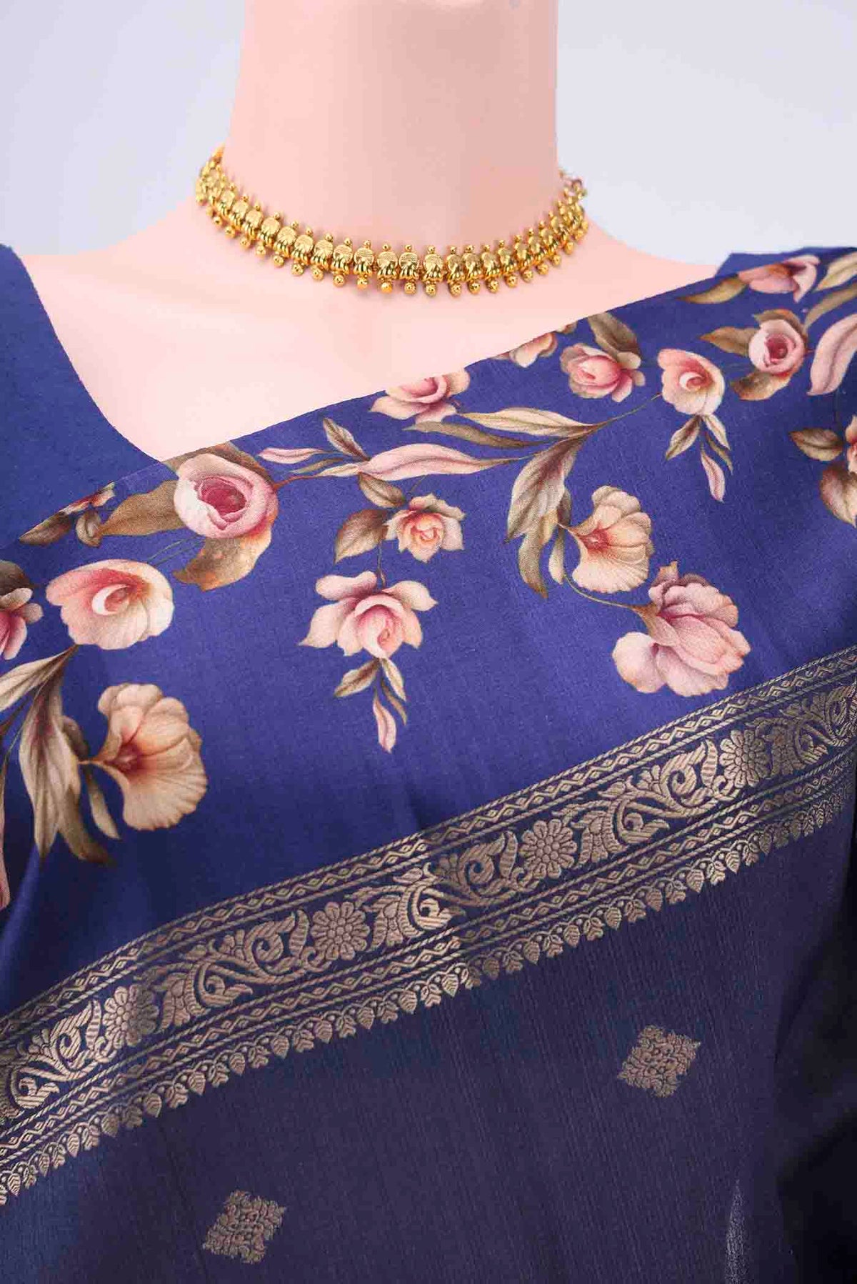 Border image of Navy Blue Tussar Silk Saree with Zari Butta on the body and Printed Border