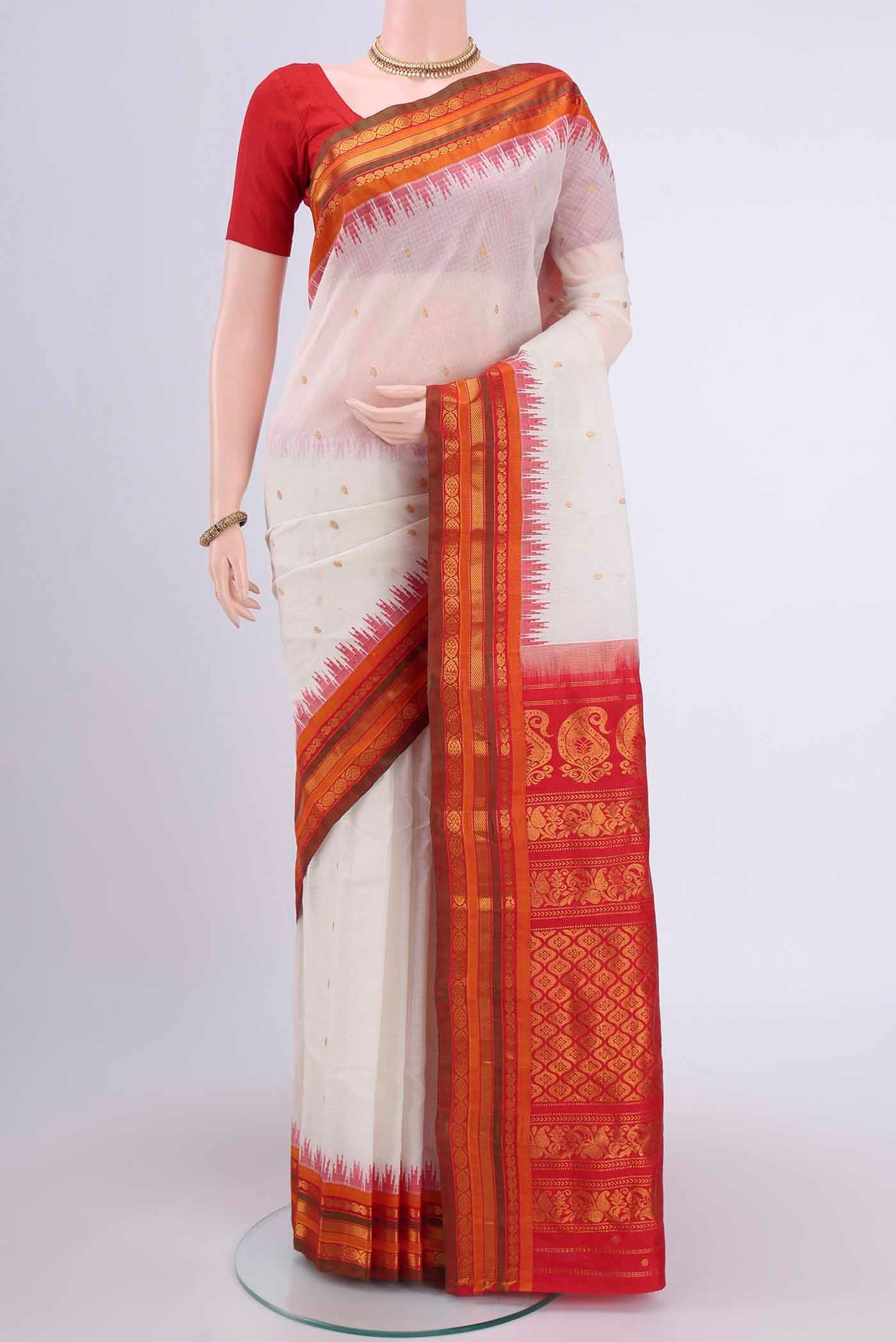 Off White Dual Tone Gadwal cotton Saree with Zari Butta on the body and Zari Border displayed on a mannequin