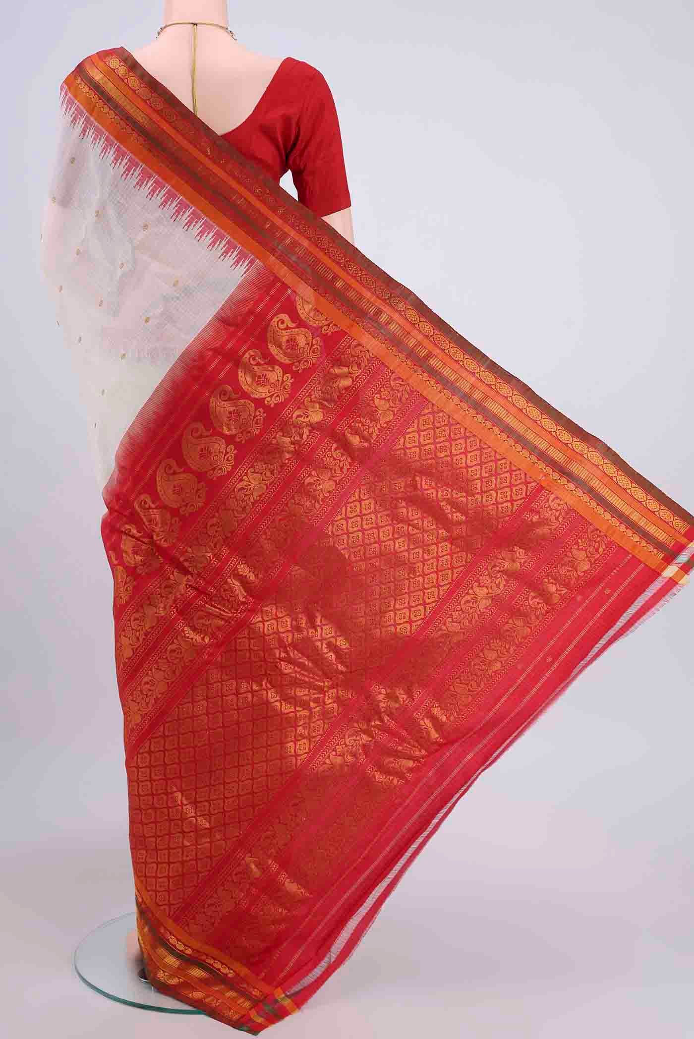 Flat view of Off White Dual Tone Gadwal cotton Saree with Zari Butta on the body and Zari Border