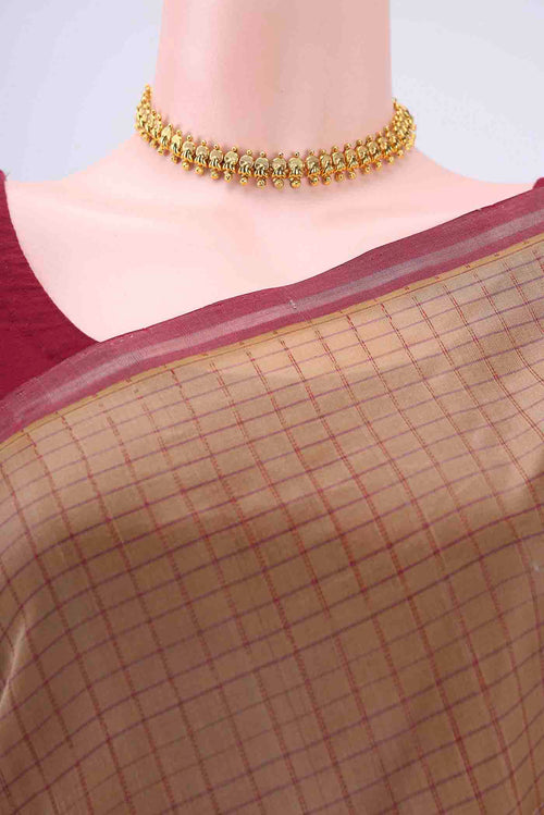 Border image of Beige Coimbatore Silk Cotton Saree with Checked design on the body and Plain Border