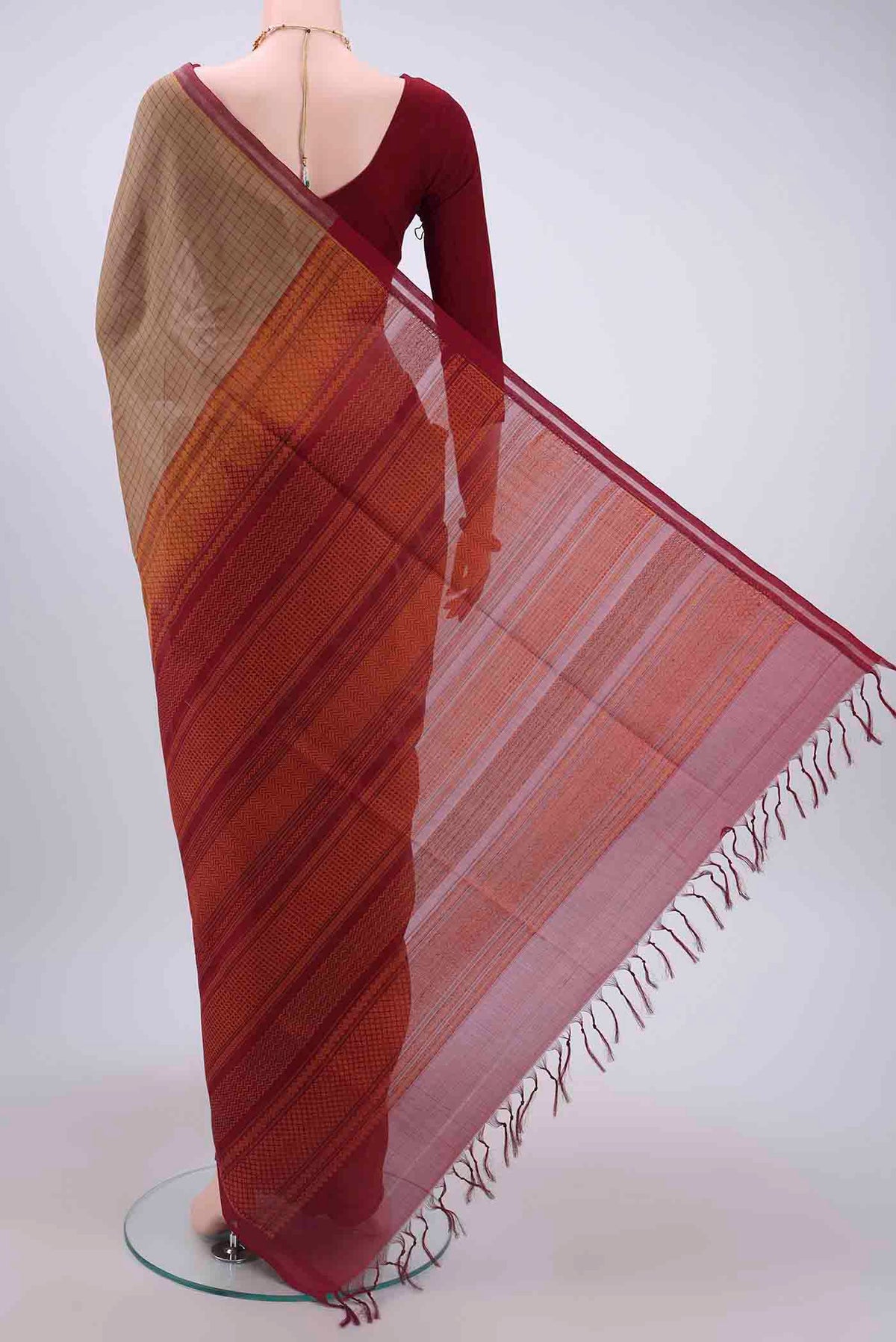 Flat view of Beige Coimbatore Silk Cotton Saree with Checked design on the body and Plain Border