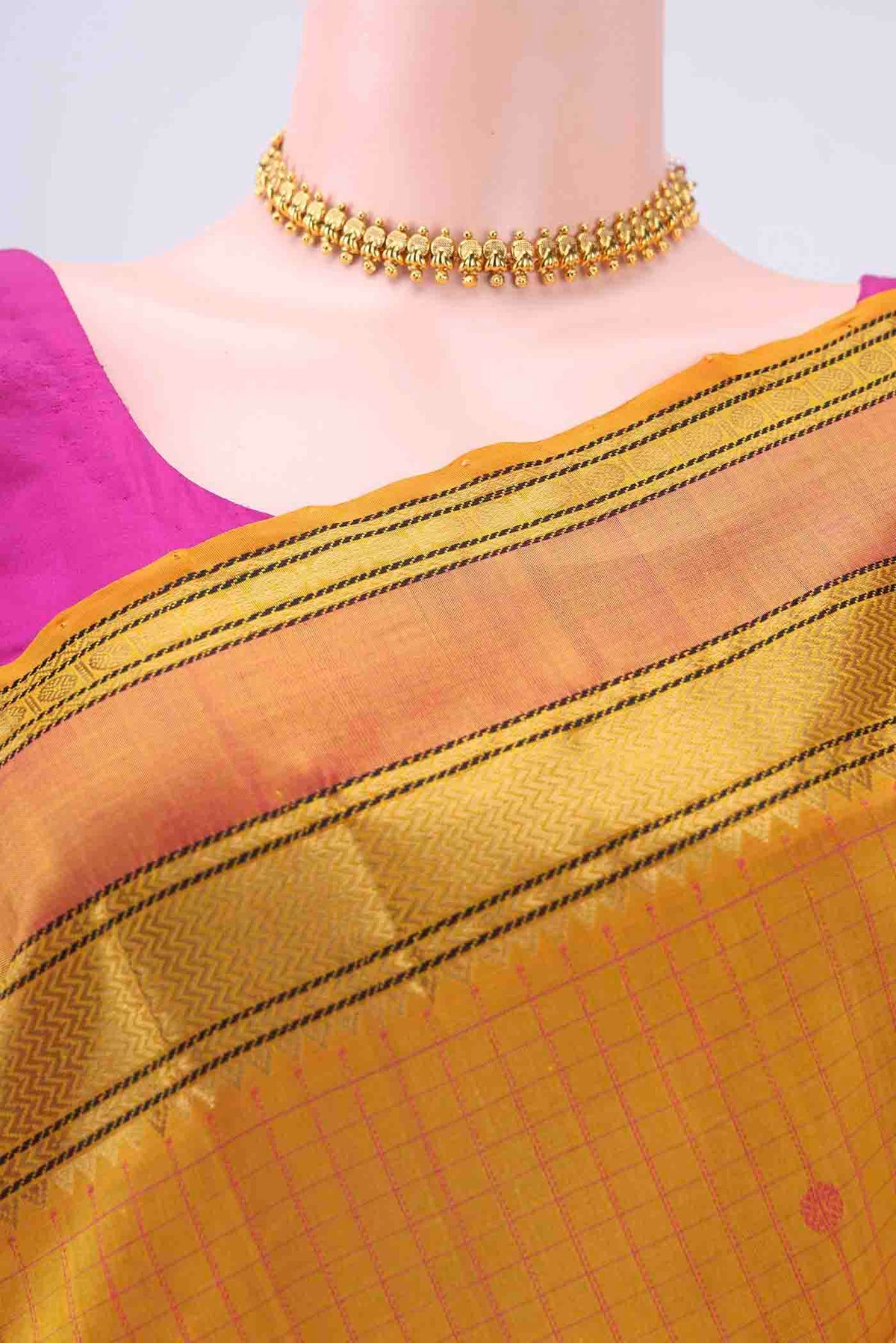 Border image of Yellow Blended Coimbatore Silk Cotton Saree with Checked design on the body and Zari Border
