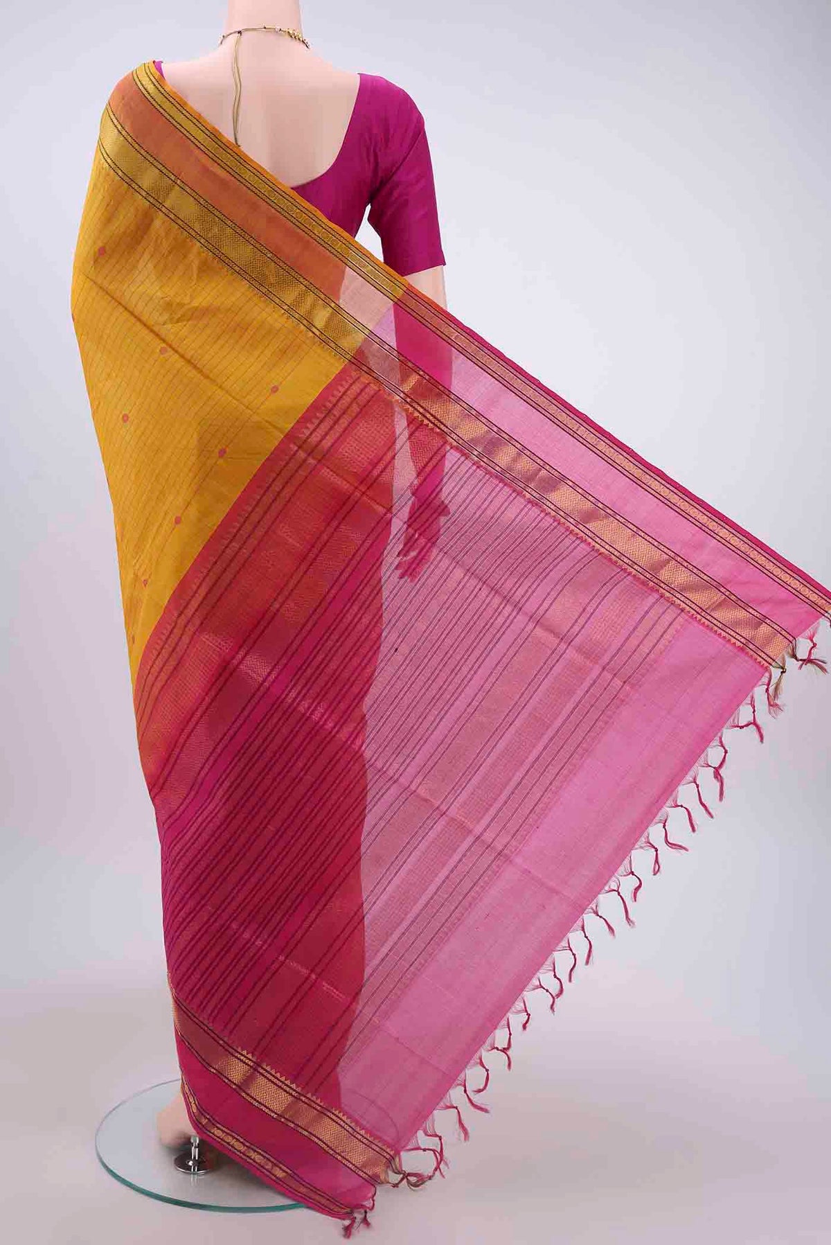 Flat view of Yellow Blended Coimbatore Silk Cotton Saree with Checked design on the body and Zari Border