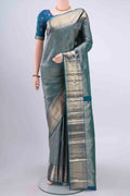 Blue Kanchipuram Saree with Zari Brocade on the body and Zari Border displayed on a mannequin