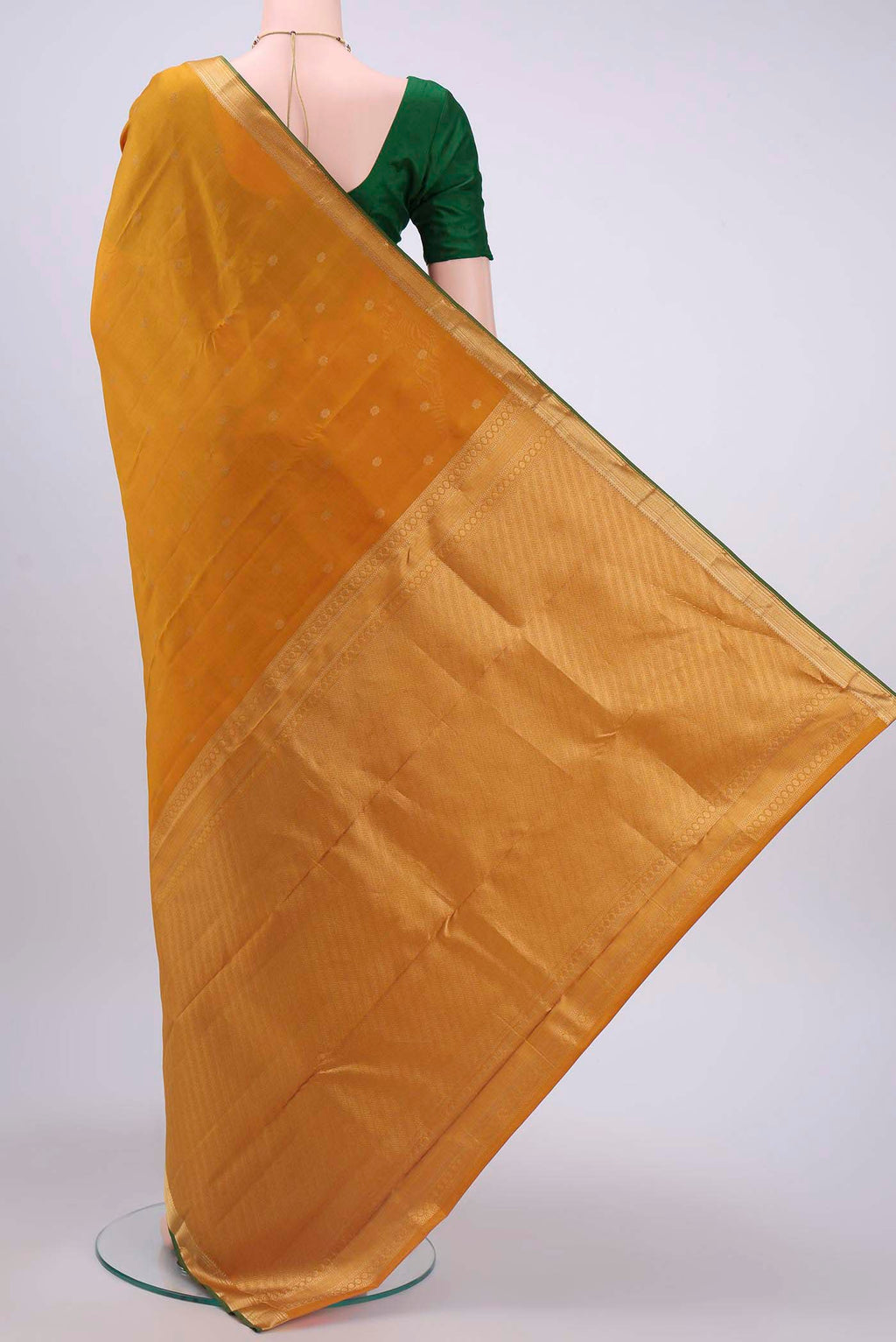Flat view of Mustard Nangavalli Silk [ Salem ] Saree with Zari Butta on the body and Zari Border