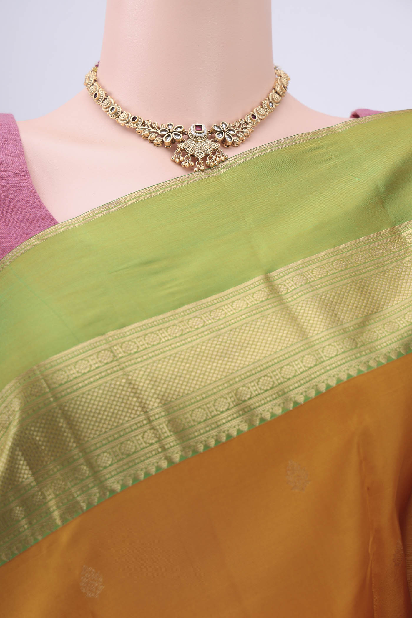 Border image of Mustard Nangavalli Silk [ Salem ] Saree with Zari Butta on the body and Ganga Jamuna Border
