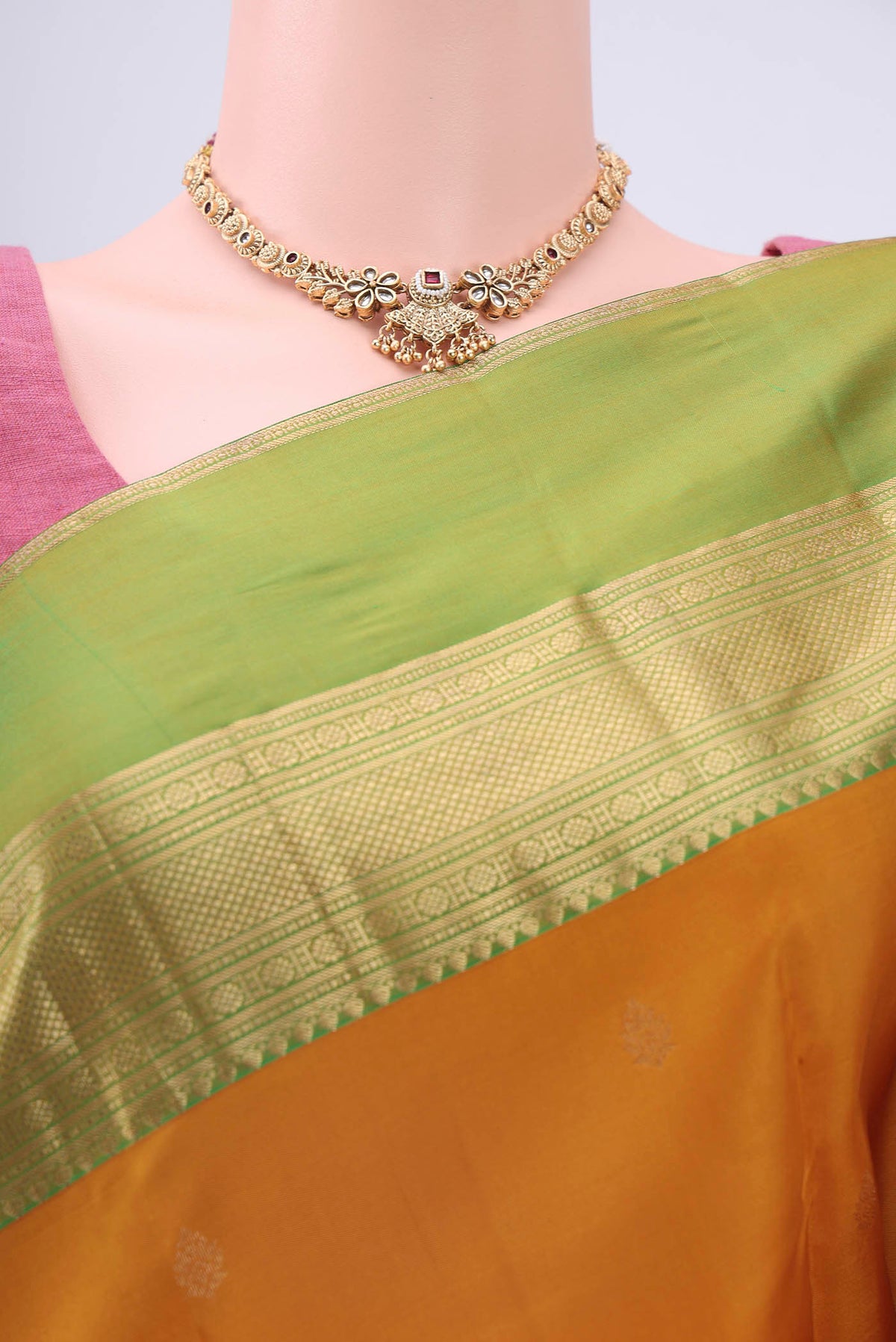 Border image of Mustard Nangavalli Silk [ Salem ] Saree with Zari Butta on the body and Ganga Jamuna Border