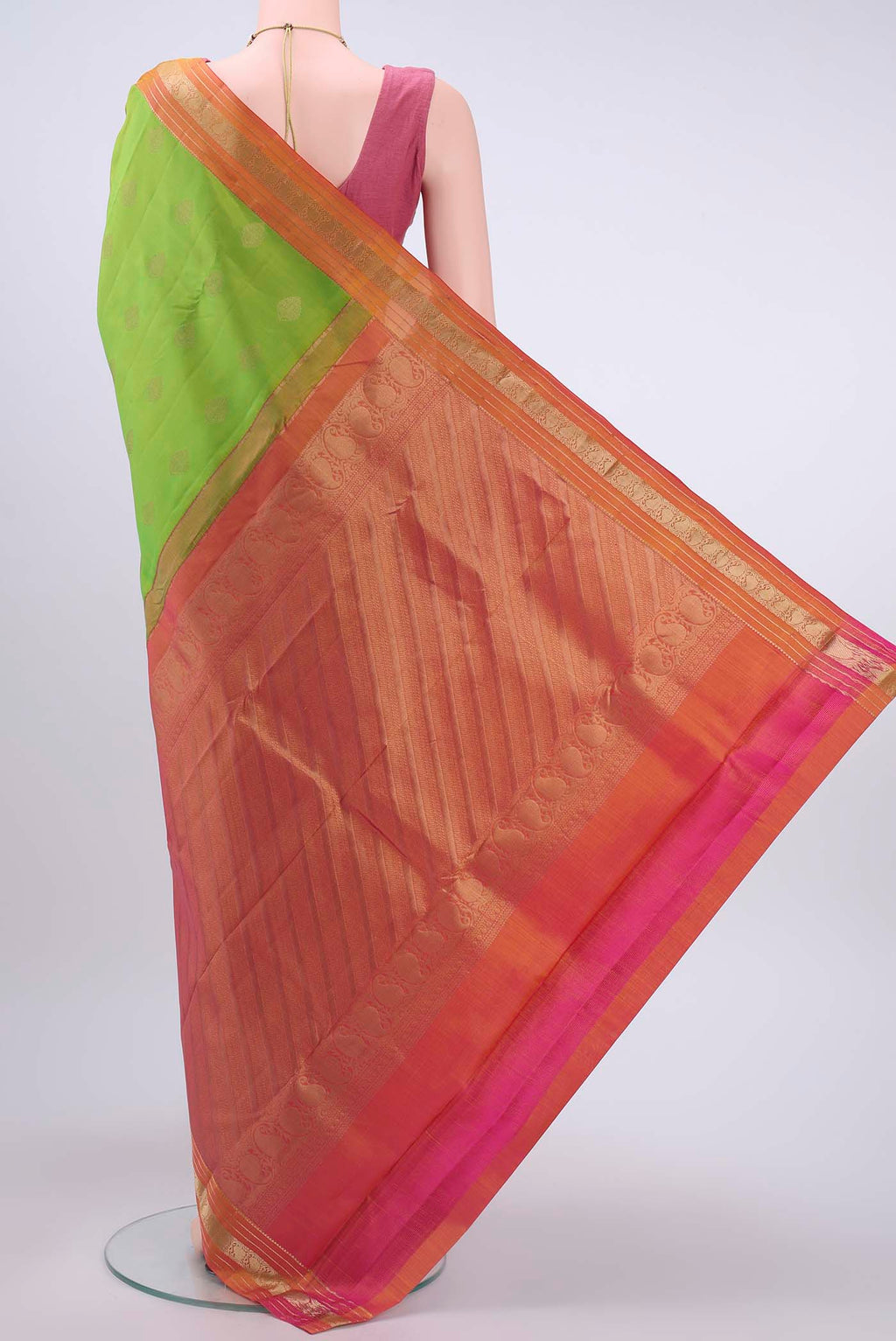 Flat view of Parrot Green Dual Tone Nangavalli Silk [ Salem ] Saree with Zari Butta on the body and Ganga Jamuna Border