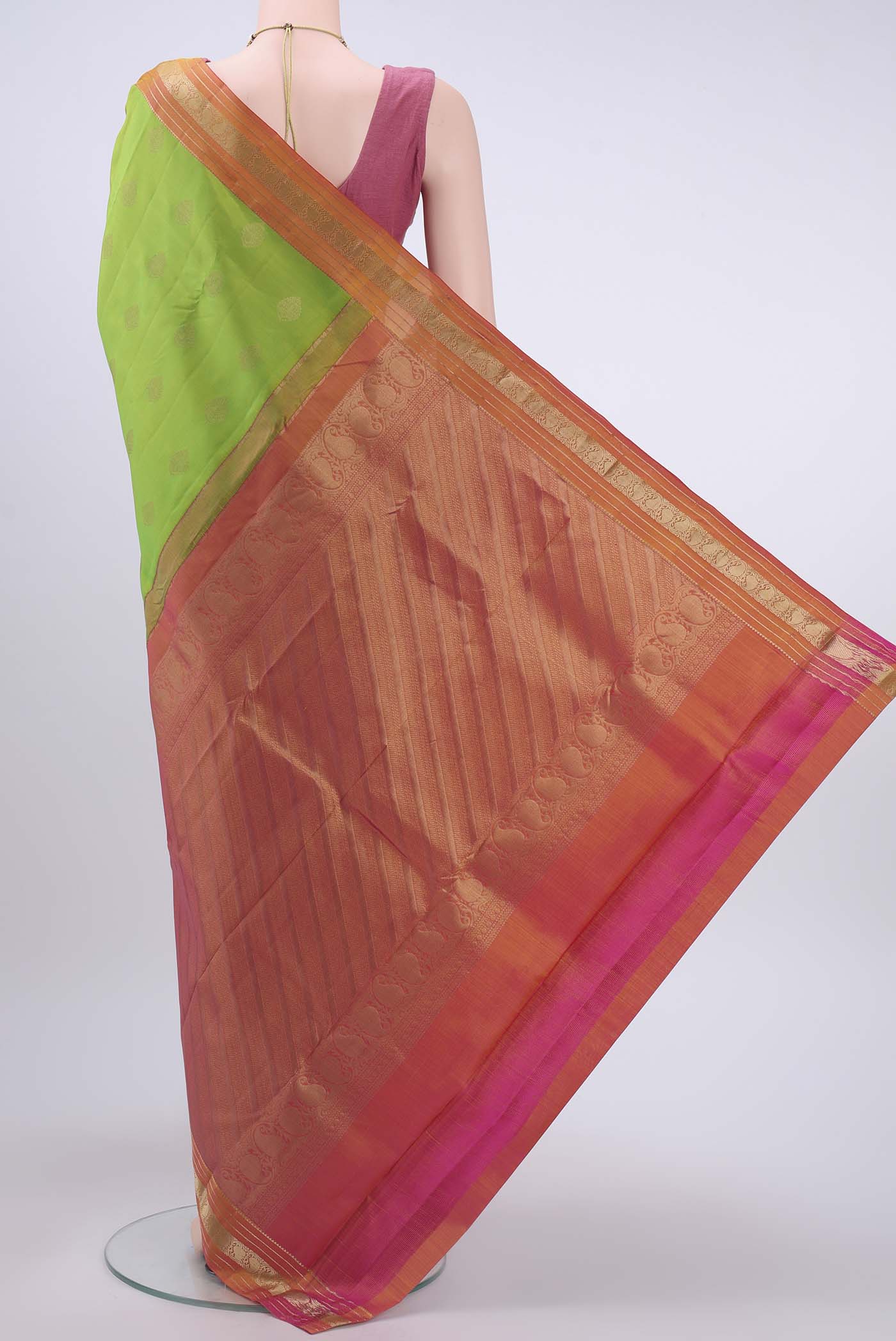 Flat view of Parrot Green Dual Tone Nangavalli Silk [ Salem ] Saree with Zari Butta on the body and Ganga Jamuna Border