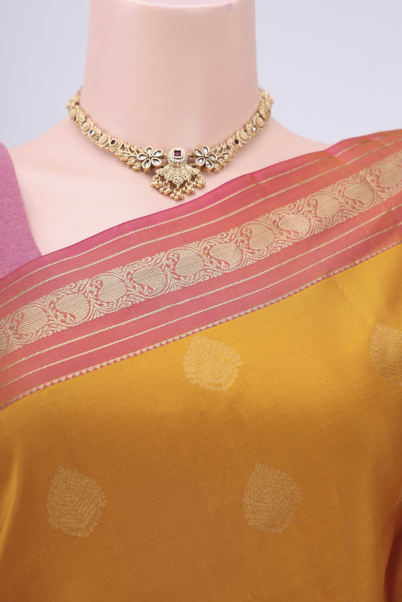 Border image of Mustard Nangavalli Silk [ Salem ] Saree with Zari Butta on the body and Zari Border