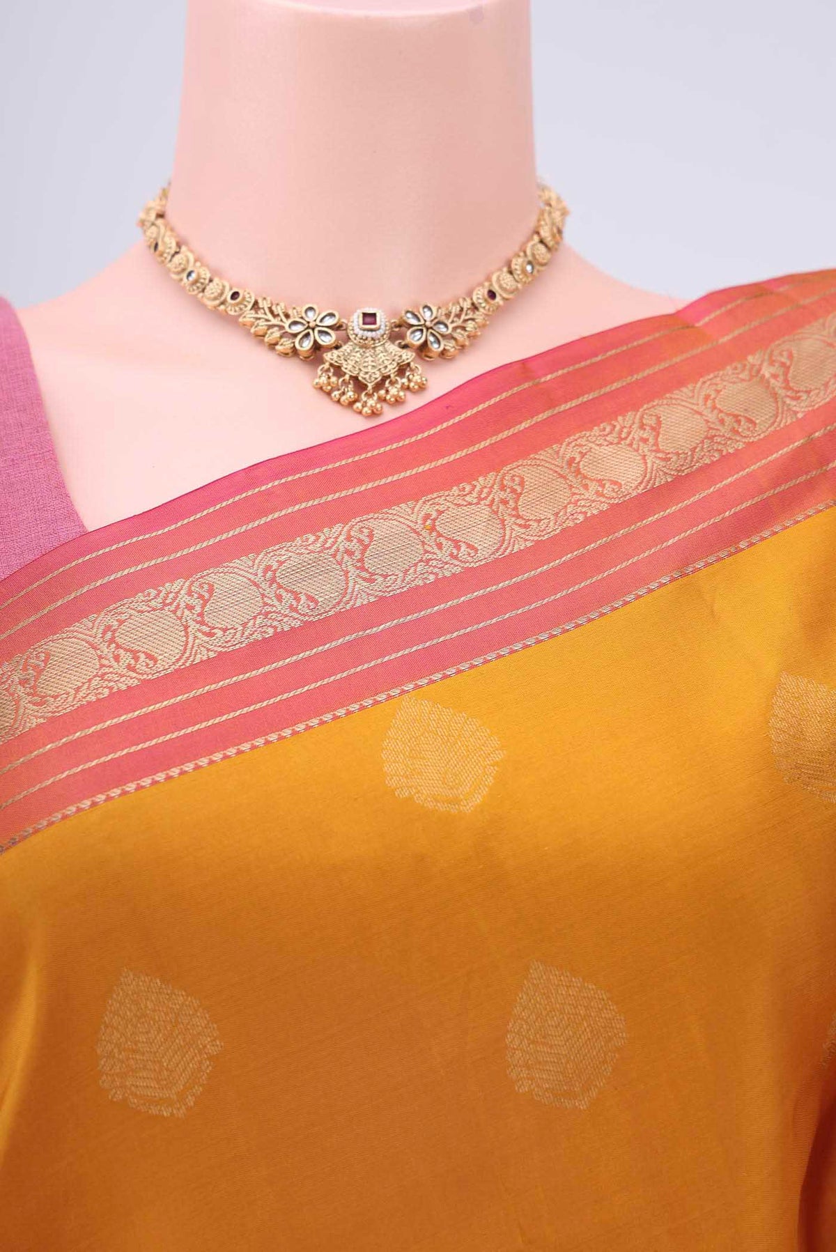 Border image of Mustard Nangavalli Silk [ Salem ] Saree with Zari Butta on the body and Zari Border