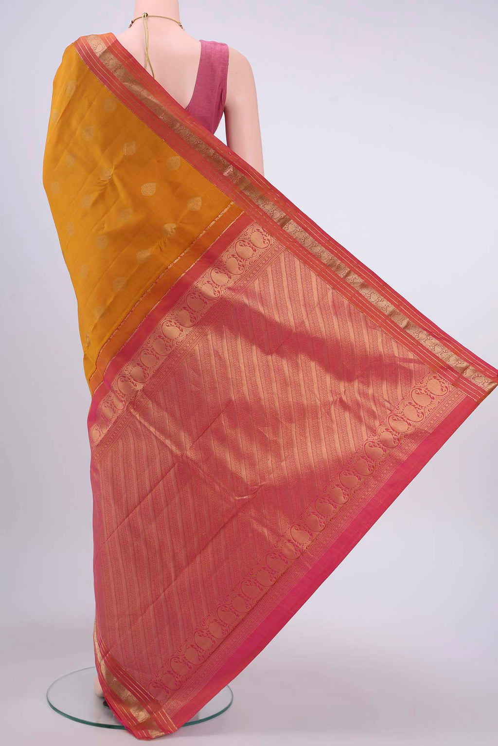 Flat view of Mustard Nangavalli Silk [ Salem ] Saree with Zari Butta on the body and Zari Border