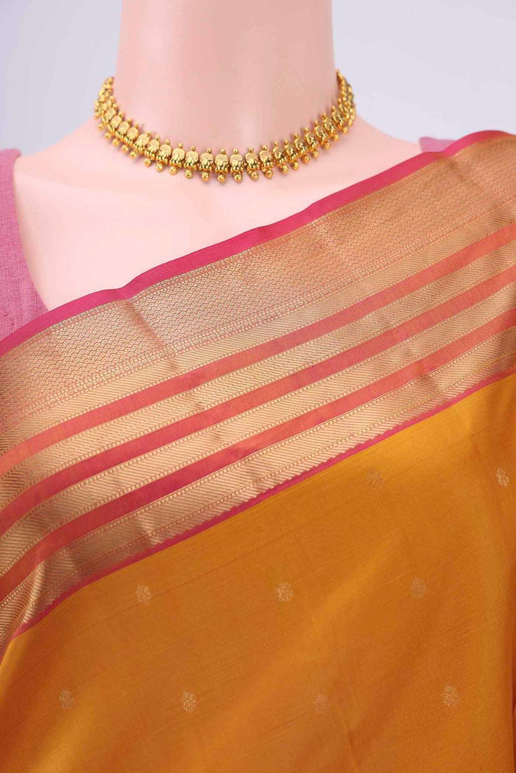 Border image of Mustard Dual Tone Nangavalli Silk [ Salem ] Saree with Zari Butta on the body and Zari Border