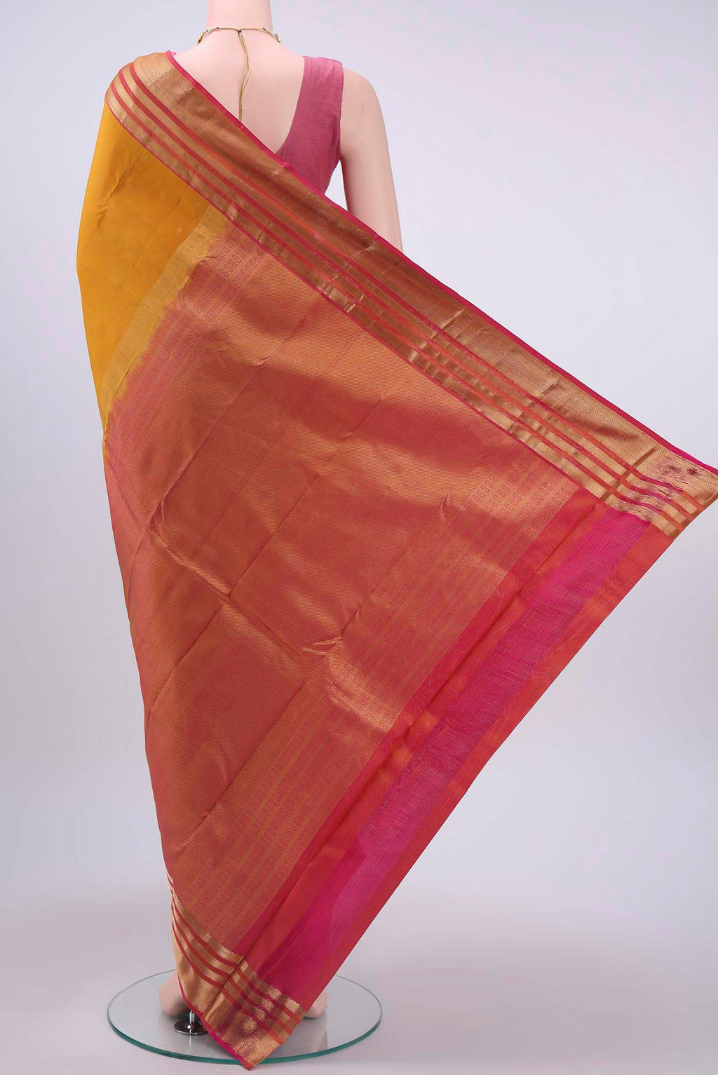 Flat view of Mustard Dual Tone Nangavalli Silk [ Salem ] Saree with Zari Butta on the body and Zari Border