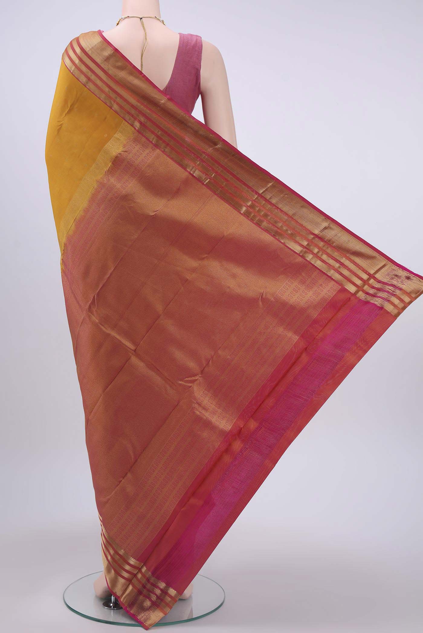 Flat view of Mustard Dual Tone Nangavalli Silk [ Salem ] Saree with Zari Butta on the body and Zari Border