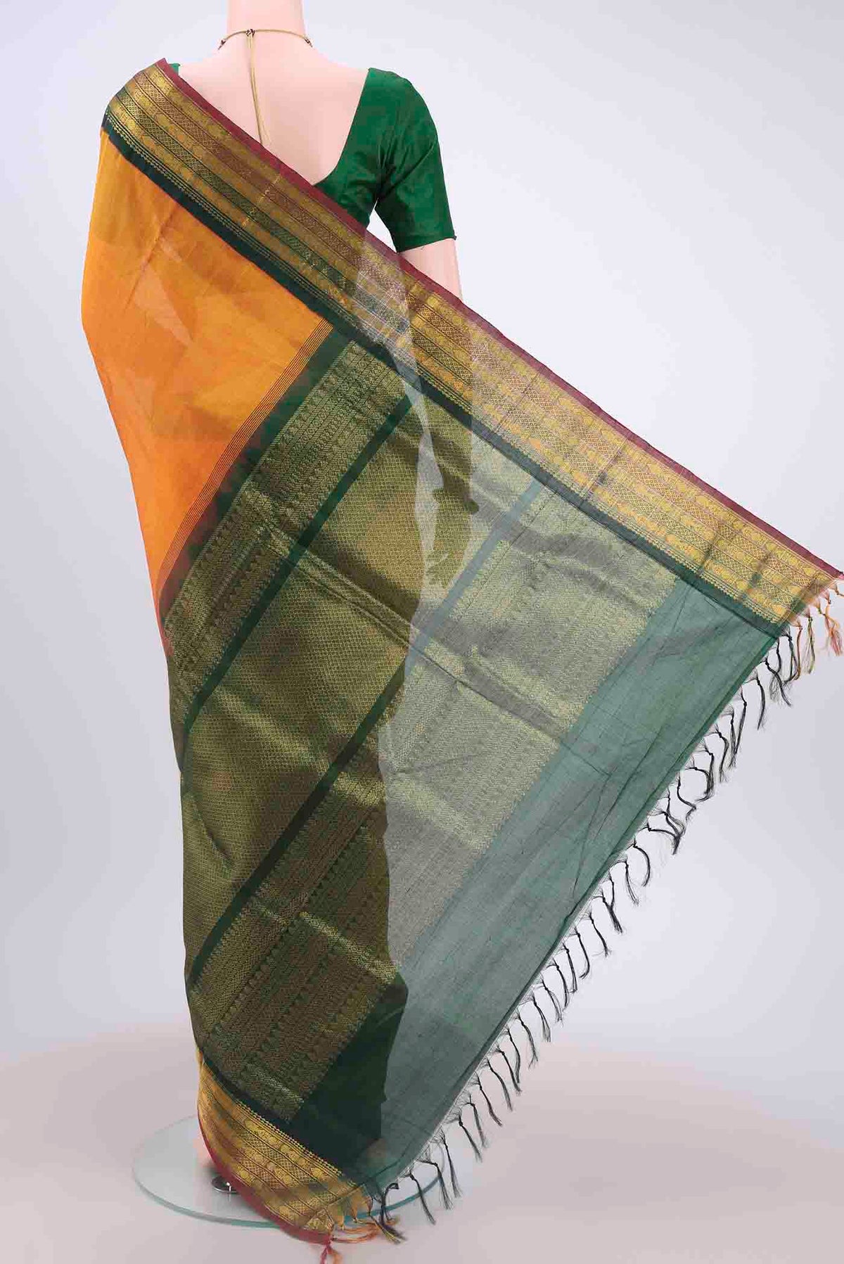 Flat view of Yellow Blended Coimbatore Silk Cotton Saree with Plain Body and Zari Border