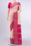 Peach Bangalore Silk - kadyal Saree with Thread Butta on the body and Temple Border displayed on a mannequin