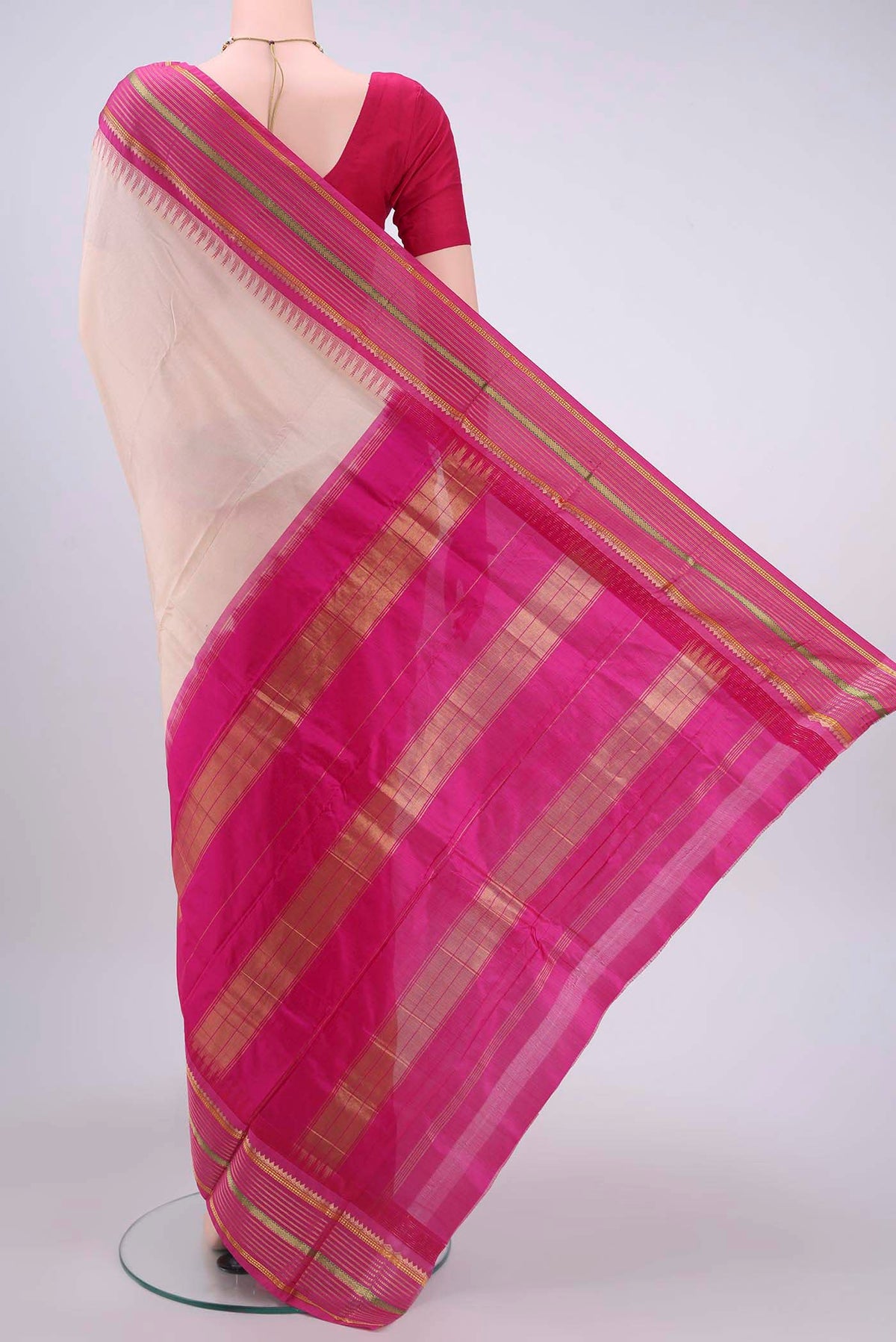 Flat view of Peach Bangalore Silk - kadyal Saree with Thread Butta on the body and Temple Border