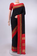 Black Bangalore Silk - kadyal Saree with Thread Butta on the body and Temple Border displayed on a mannequin