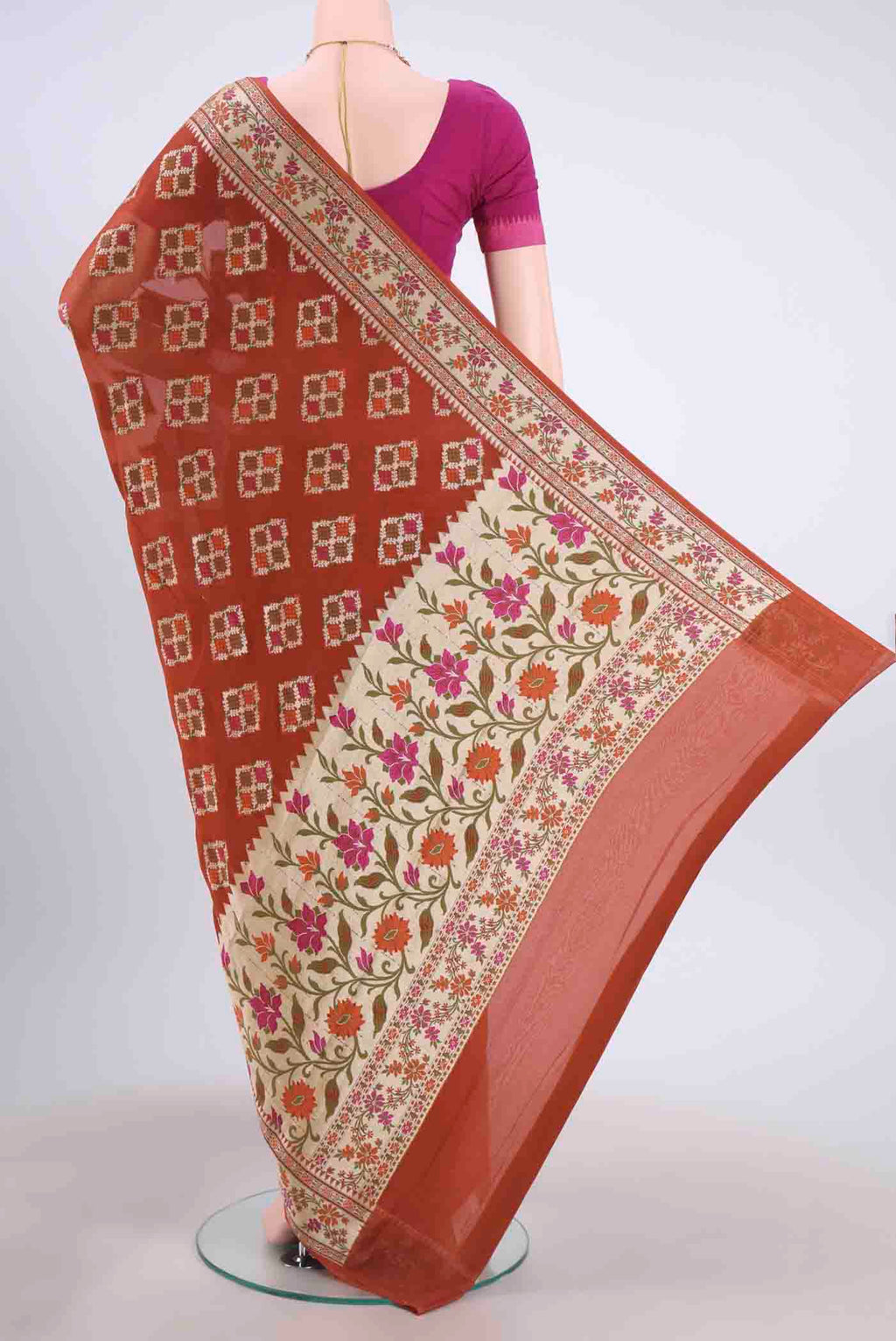 Flat view of Brown Banarasi Georgette Saree with Thread Butta on the body and Thread Border