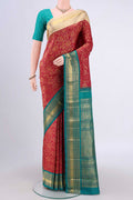 Maroon Kanjivaram Silk Saree with Plain Body and Ganga Jamuna Border.  displayed on a mannequin