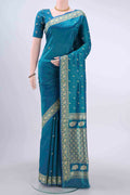 Dark Blue Dual Tone Banarasi Katan Silk Saree with Thread Butta on the body and Thread Border displayed on a mannequin
