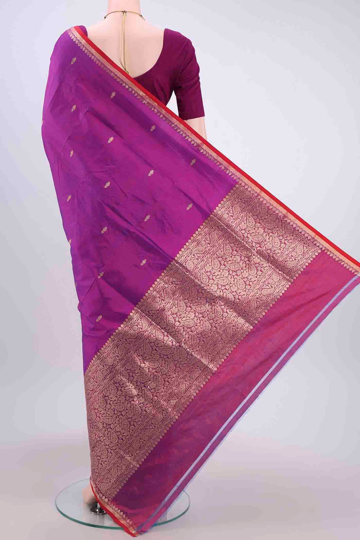Flat view of Magenta Dual Tone Banarasi Katan Silk Saree with Zari Butta on the body and Zari Border