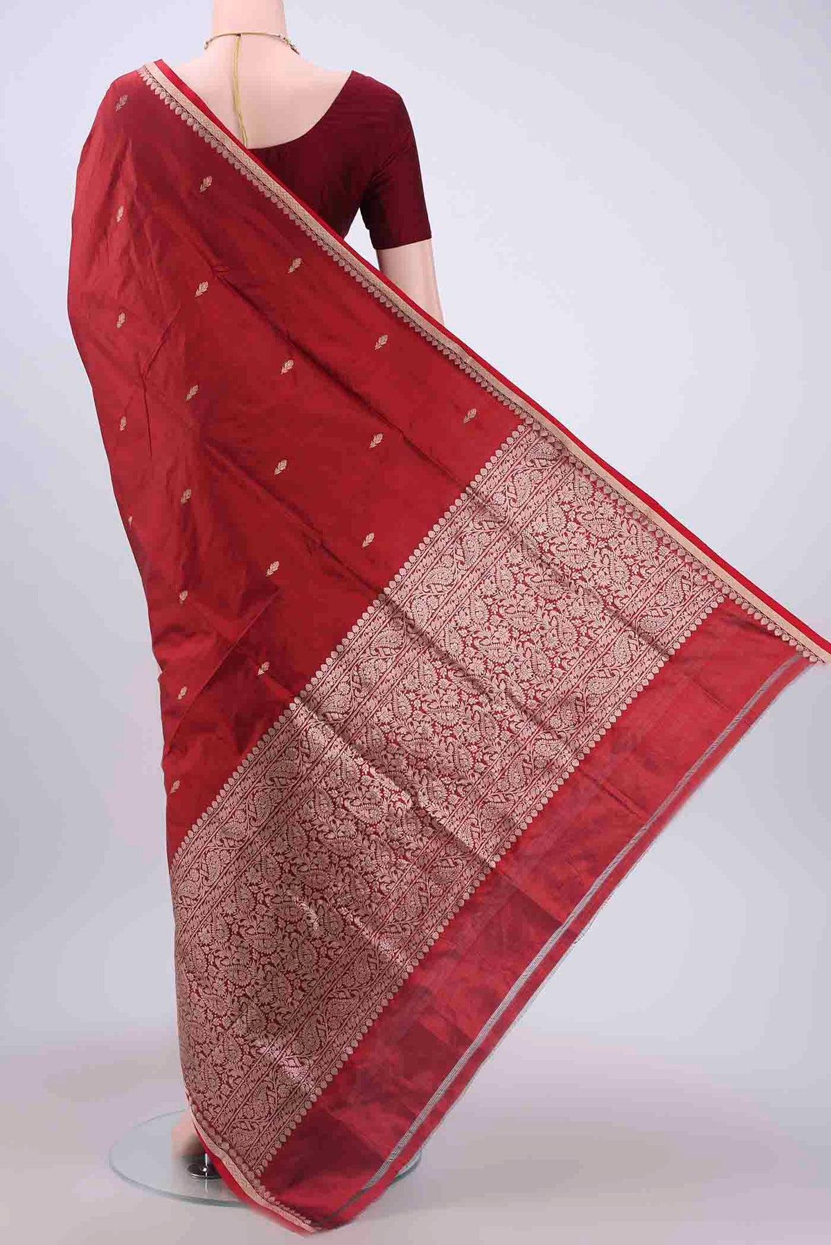 Flat view of Maroon Dual Tone Banarasi Katan Silk Saree with Zari Butta on the body and Zari Border