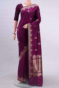Purple Banarasi Katan Silk Saree with Zari Butta on the body and Zari Border displayed on a mannequin