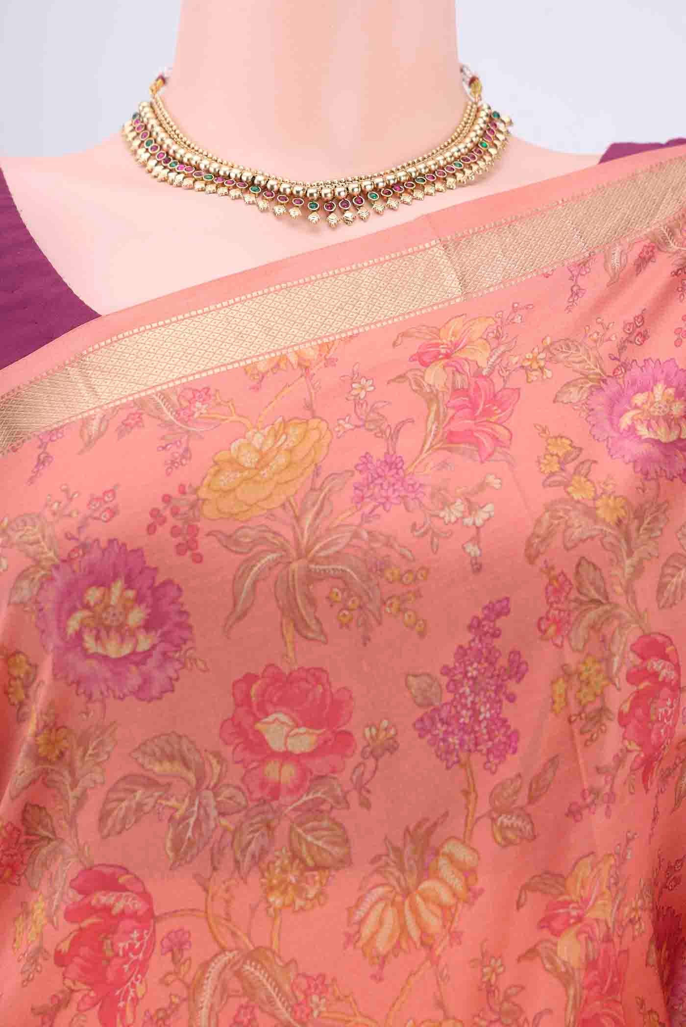 Border image of Peach Printed Silk Saree with Floral Print on the body and Zari Border