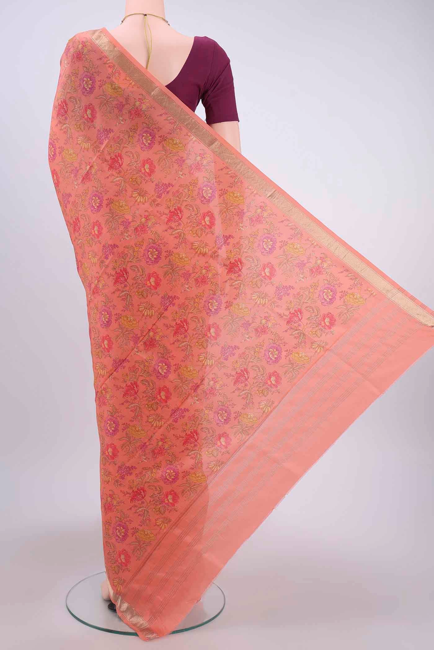 Flat view of Peach Printed Silk Saree with Floral Print on the body and Zari Border