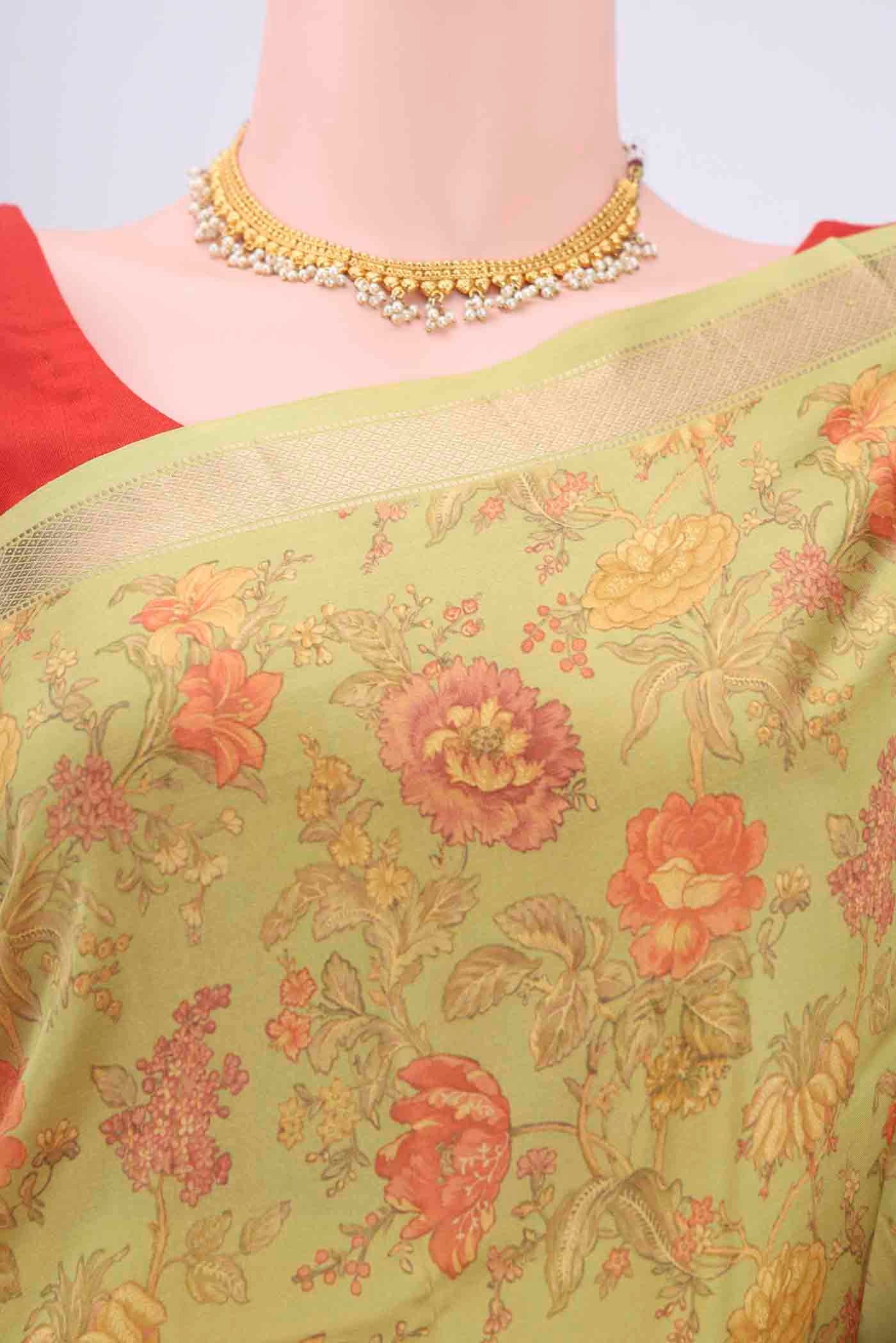 Border image of Parrot Green Printed Silk Saree with Floral Print on the body and Zari Border