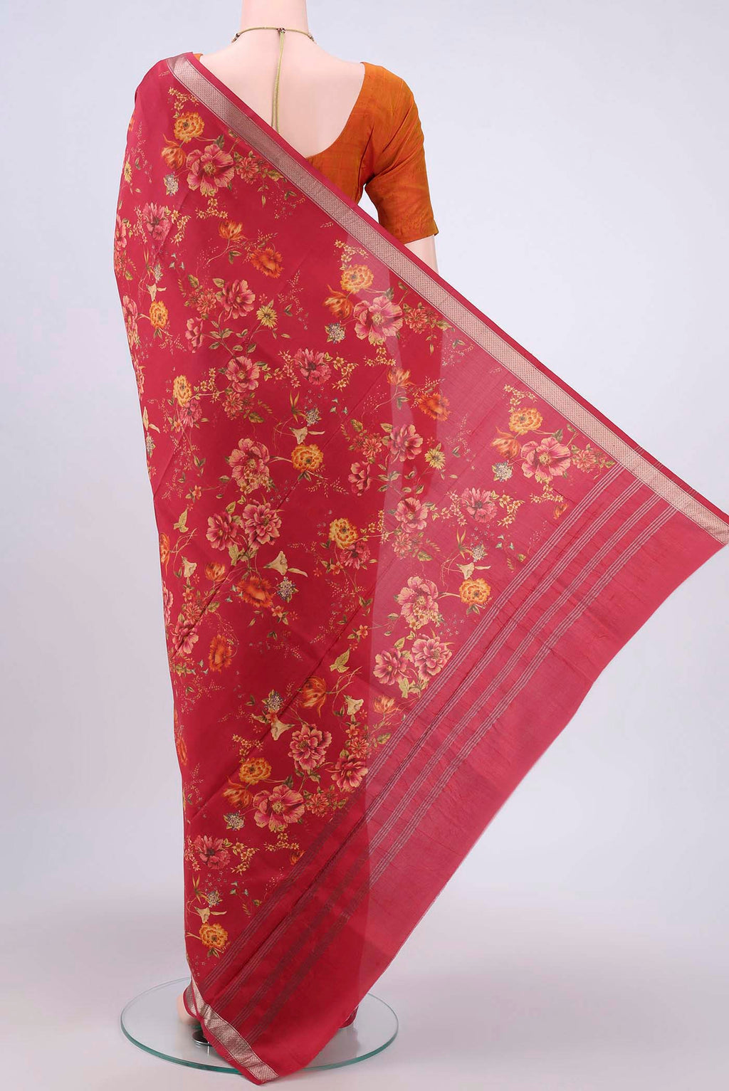 Flat view of Imperial Red Printed Silk Saree with Floral Print on the body and Zari Border. 