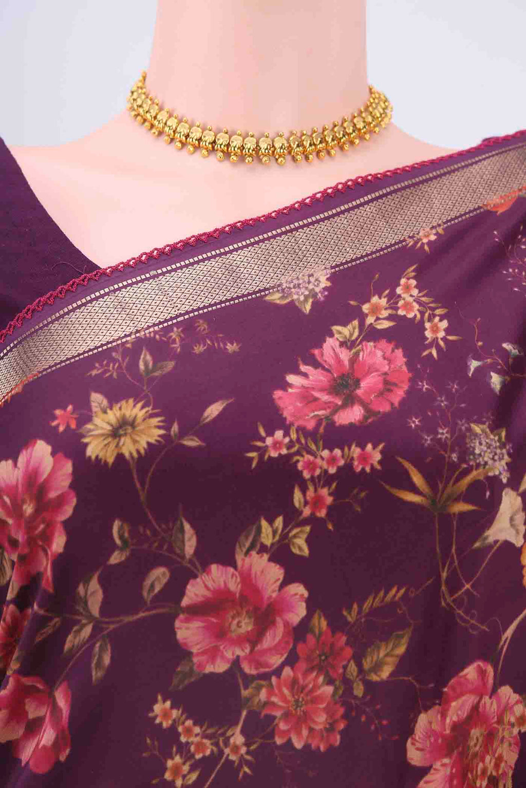 Border image of Burgundy Printed Silk Saree with Floral Print on the body and Zari Border