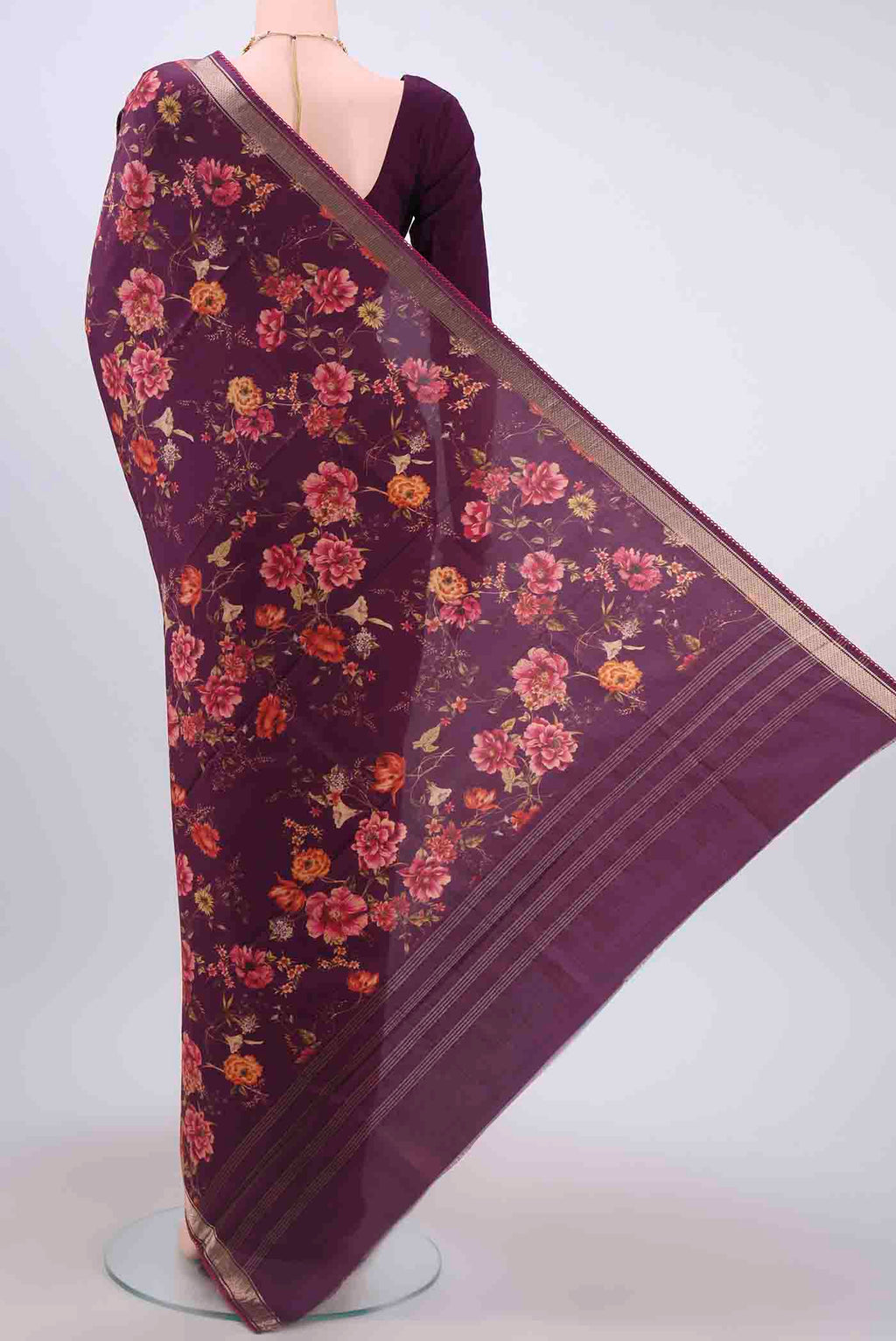 Flat view of Burgundy Printed Silk Saree with Floral Print on the body and Zari Border