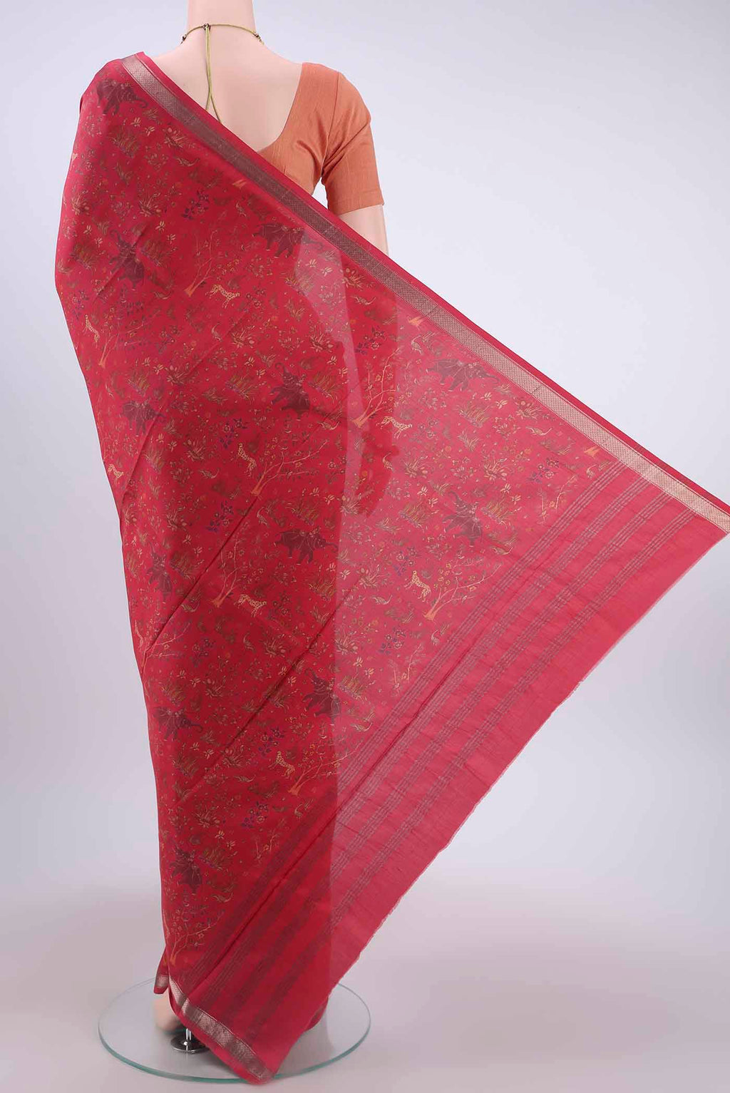 Flat view of Maroon Printed Silk Saree with Floral Print on the body and Zari Border