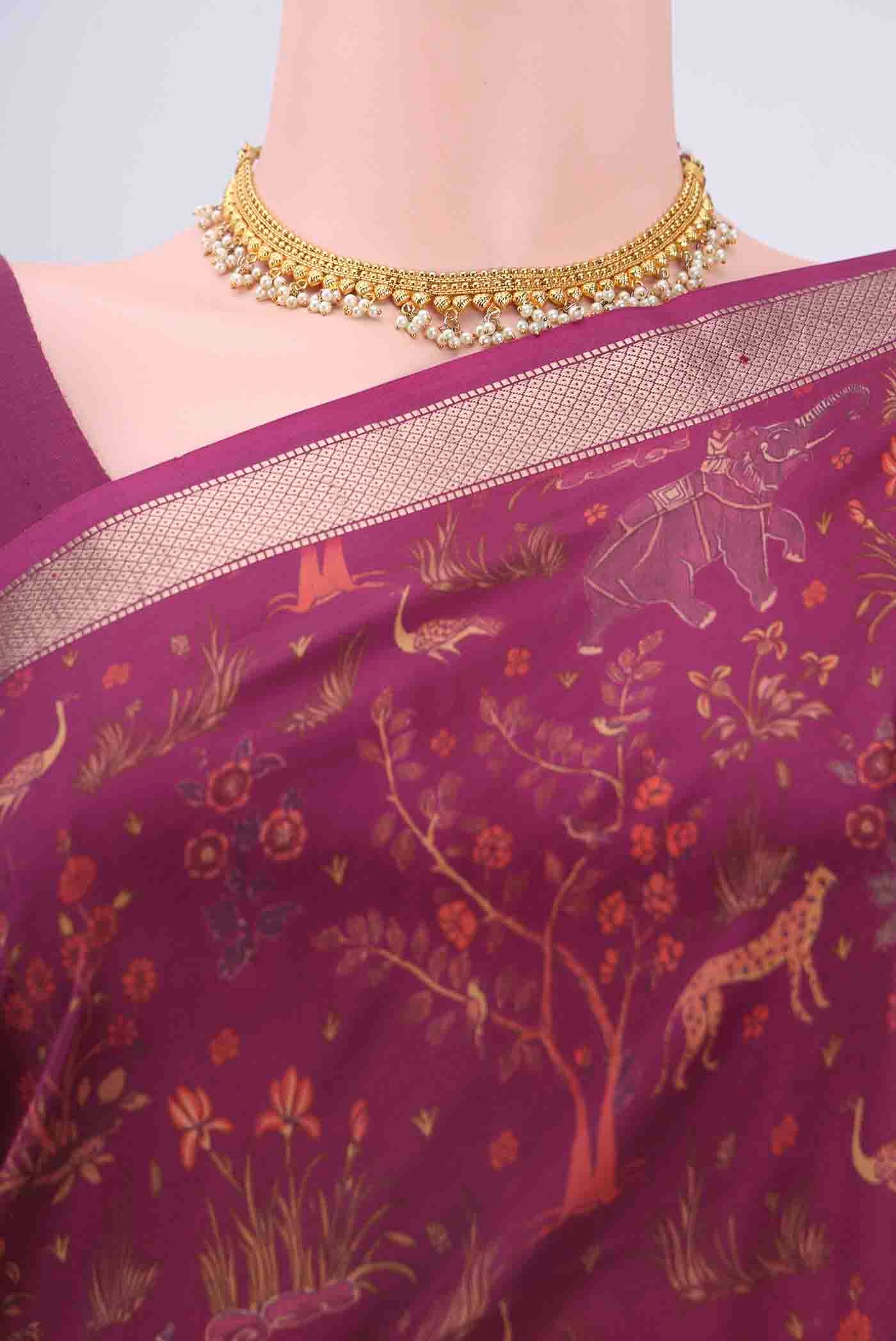 Border image of Magenta Printed Silk Saree with Floral Print on the body and Zari Border