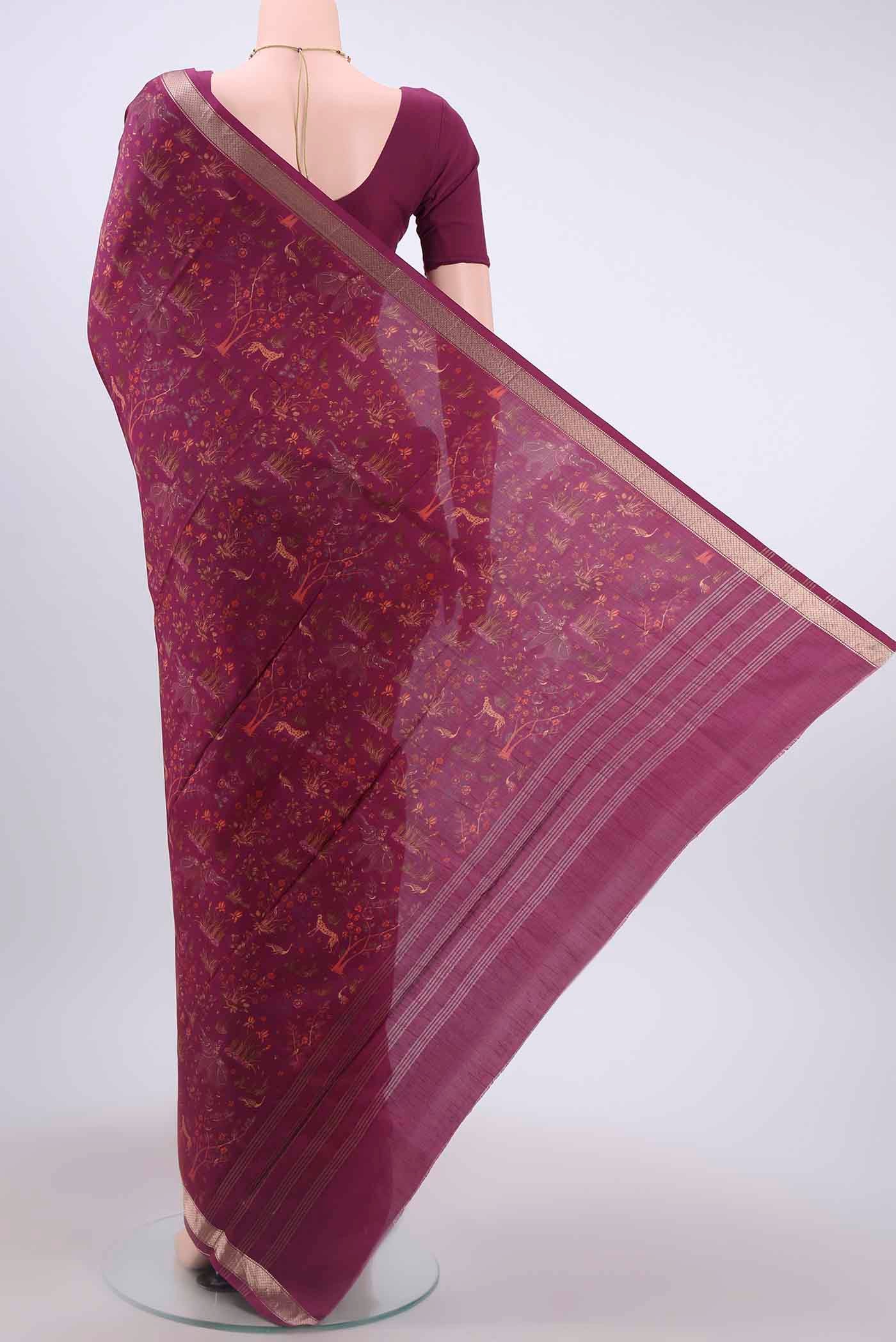 Flat view of Magenta Printed Silk Saree with Floral Print on the body and Zari Border