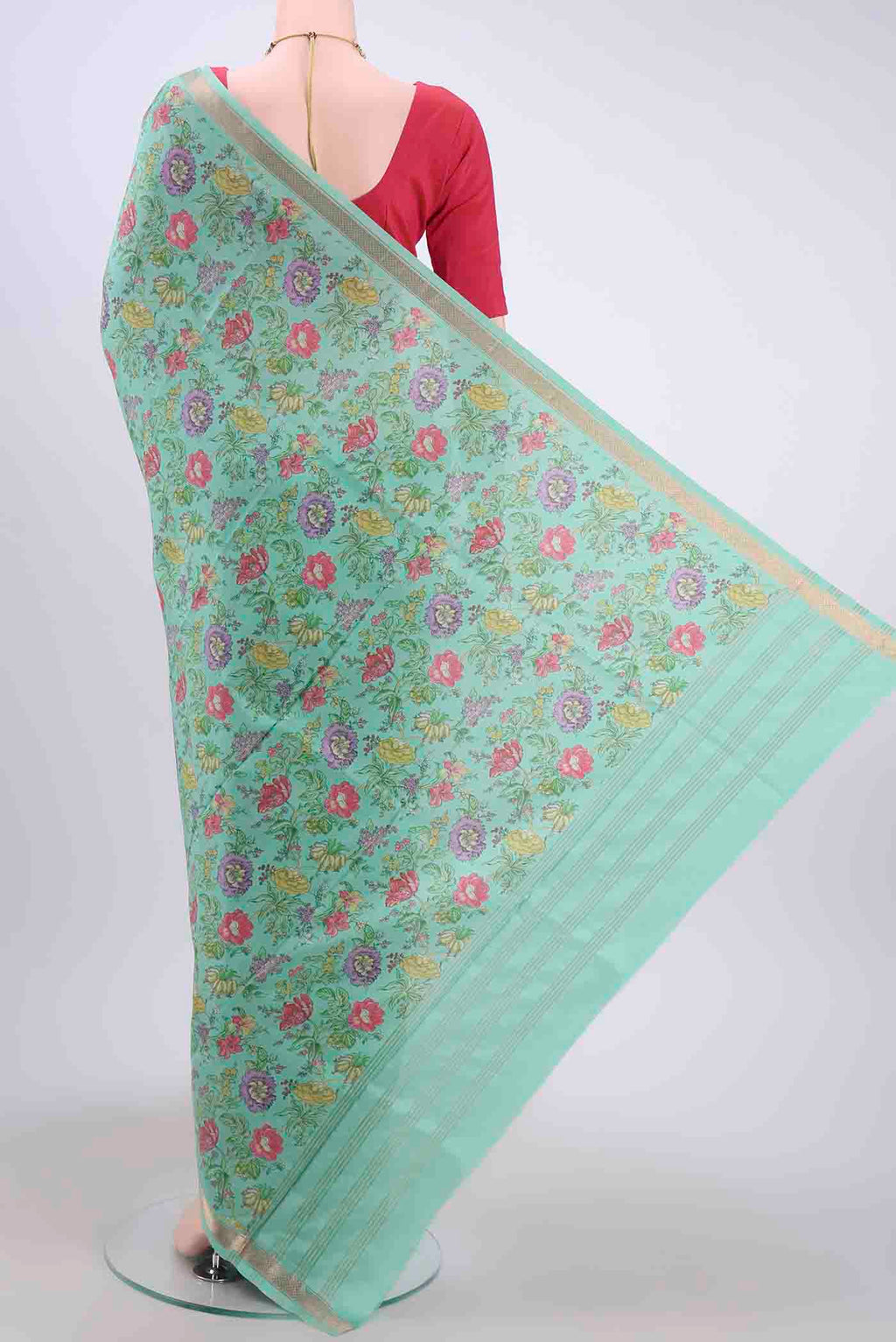 Flat view of Mint Green Printed Silk Saree with Floral Print on the body and Zari Border