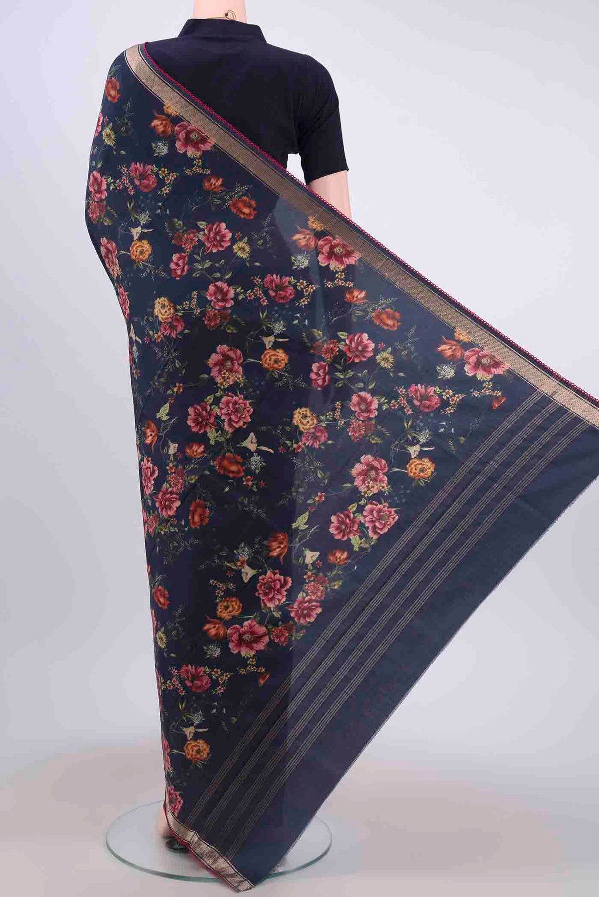 Flat view of Navy Blue Printed Silk Saree with Floral Print on the body and Zari Border