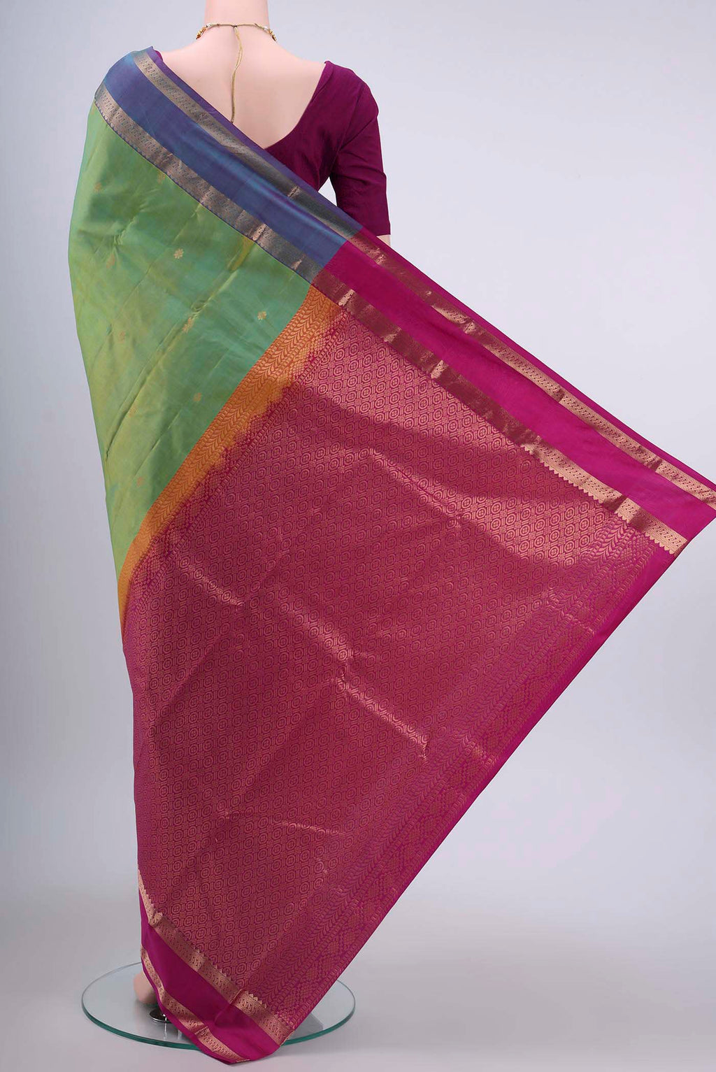Flat view of Light Green Nangavalli Silk [ Salem ] Saree with Zari Butta on the body and Zari Border