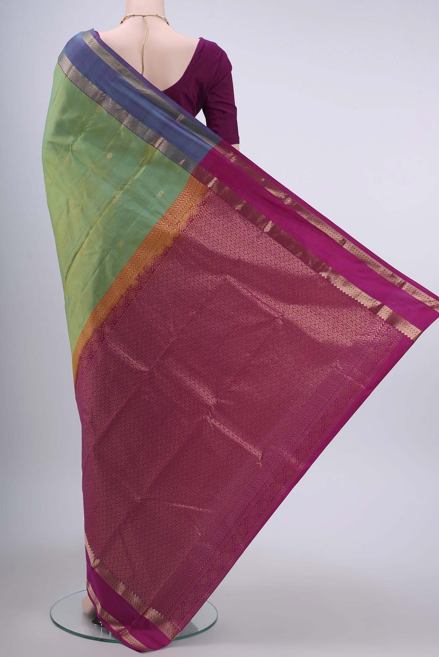 Flat view of Light Green Nangavalli Silk [ Salem ] Saree with Zari Butta on the body and Zari Border