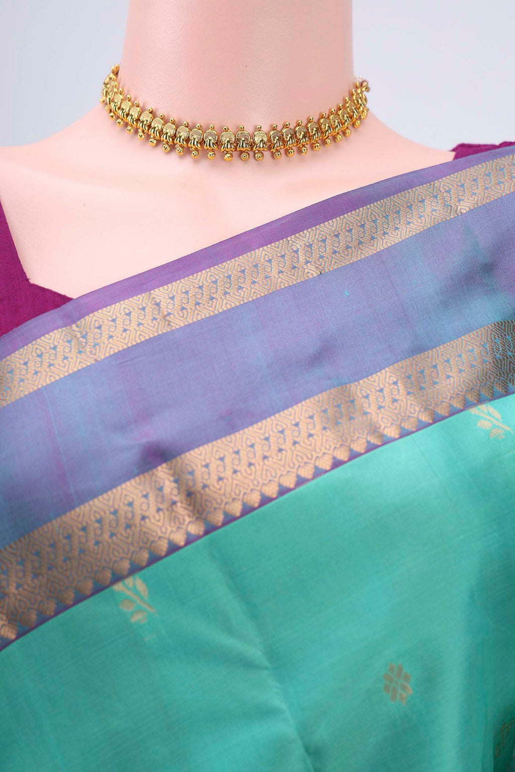 Border image of Turquoise Nangavalli Silk [ Salem ] Saree with Zari Butta on the body and Zari Border