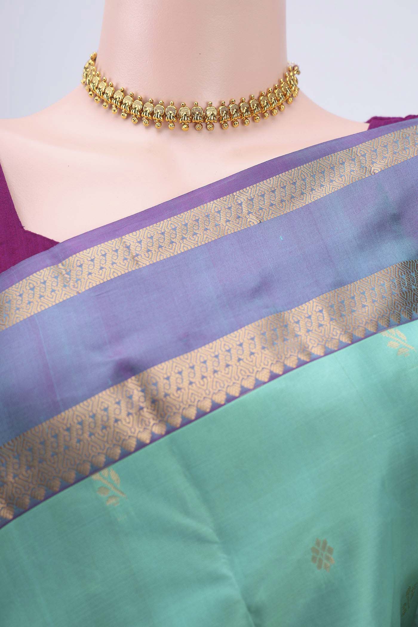 Border image of Turquoise Nangavalli Silk [ Salem ] Saree with Zari Butta on the body and Zari Border