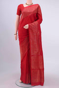 Red Soft Silk Saree with Plain Body and Zari Border displayed on a mannequin