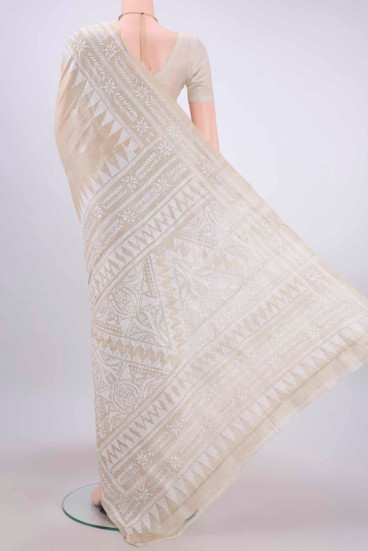 Flat view of Beige Kantha Silk Saree with Kantha Work on the body and Thread Border