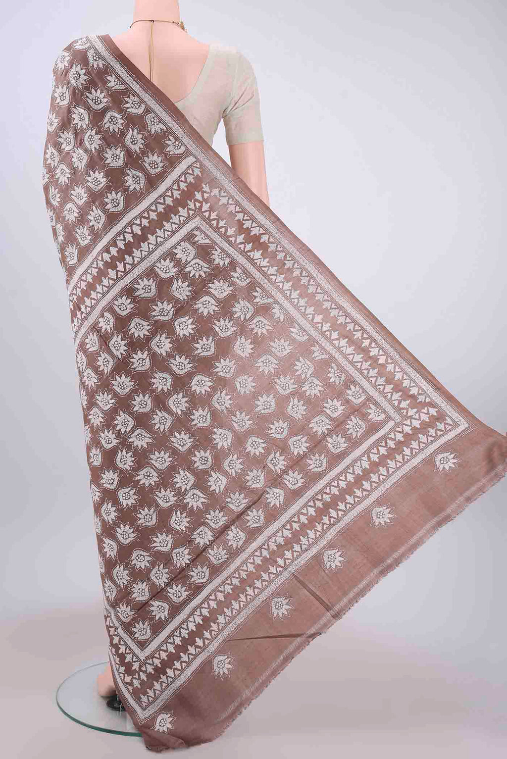 Flat view of Brown Kantha Silk Saree with Kantha Work on the body and Thread Border